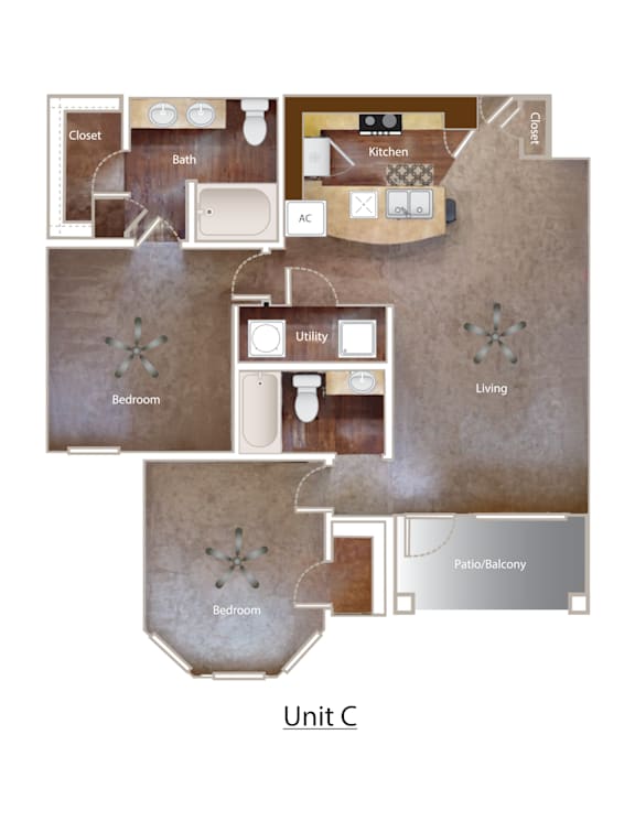 A diagram of a floor plan for Unit C showing the layout of a bedroom, bathroom, kitchen, living room, and patio.