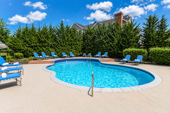 A swimming pool surrounded by blue lounge chairs and green trees.