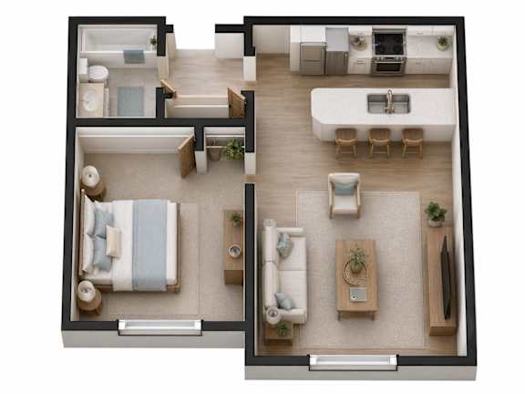 A top-down view of a modern apartment layout with a kitchen, living room, and bedroom.