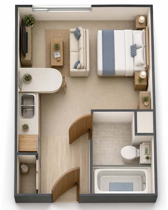 Floor Plan  A top-down view of a small, neatly organized bedroom with a bed, nightstand, and a small bathroom area.