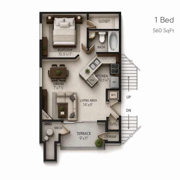 Floor Plan  A 1 Bedroom apartment is 560 square feet with a living area of 14'x9'.