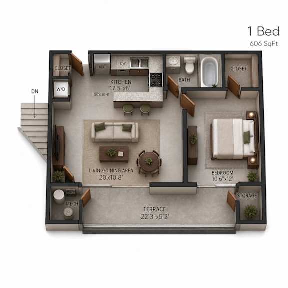 A 1 Bedroom apartment is 606 Square Feet with a living and dining area of 20x10 feet, a kitchen of 17.5x6 feet, a bathroom, a bedroom