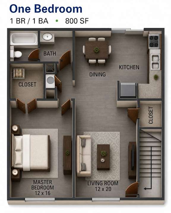One bedroom floor plan with living and dining areas at Stratford Arms Apartments, Riverdale, GA