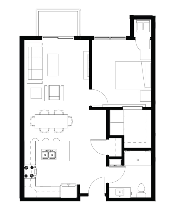 A black and white floor plan of a house with a kitchen, living room, dining room, and bathroom.