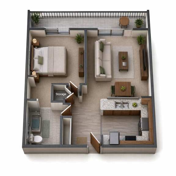 A top-down view of a modern apartment layout with a living room, kitchen, and bathroom.