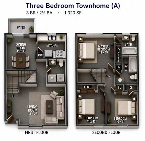 A diagram of a three bedroom townhome with a living room, dining room, kitchen, and bathrooms.