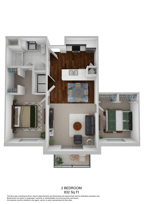 3D floor plan for two bedroom apartment at The Beckstead Apartments, Utah, 84095