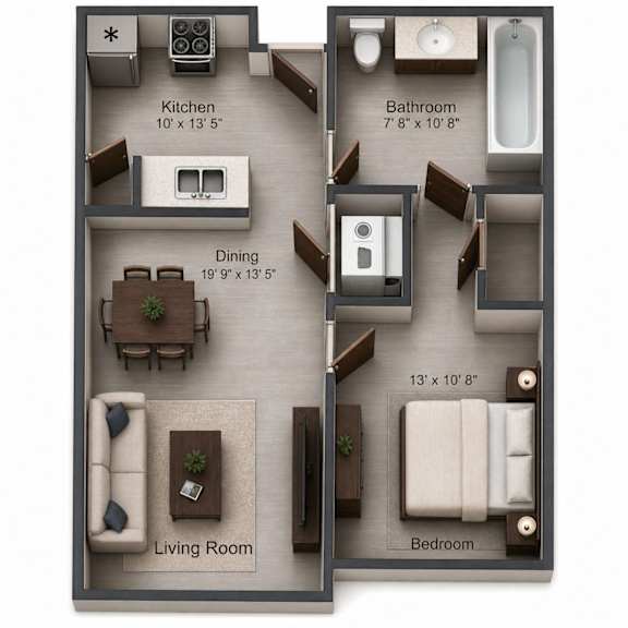1 bedroom floor plan with open layout at The Ellison Apartments, Layton, UT