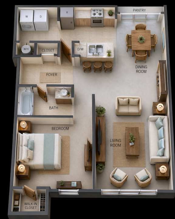 Floor Plan  A floor plan of a house with a living room, dining room, kitchen, and bedrooms.