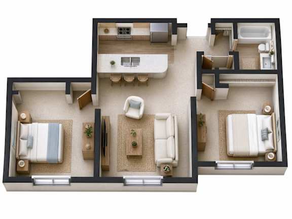 A top-down view of a house layout with a living room, dining area, kitchen, and bedrooms.