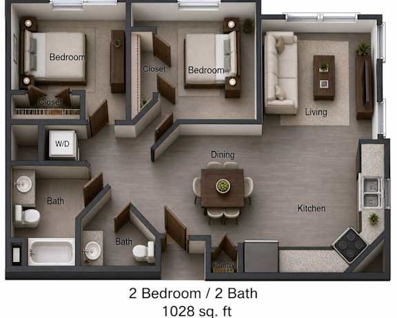 Floor Plan  A 3D floor plan of a 2 bedroom, 2 bathroom apartment sized 1028 sq. ft.