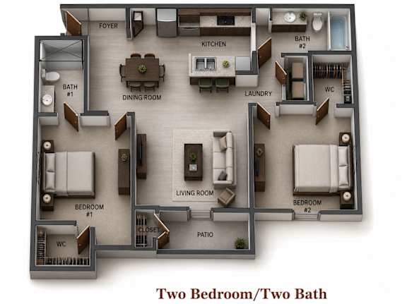 A diagram of a two bedroom/two bath apartment layout.