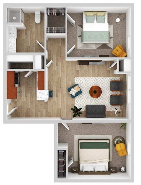 a stylized floor plan of a house with a bedroom and living room