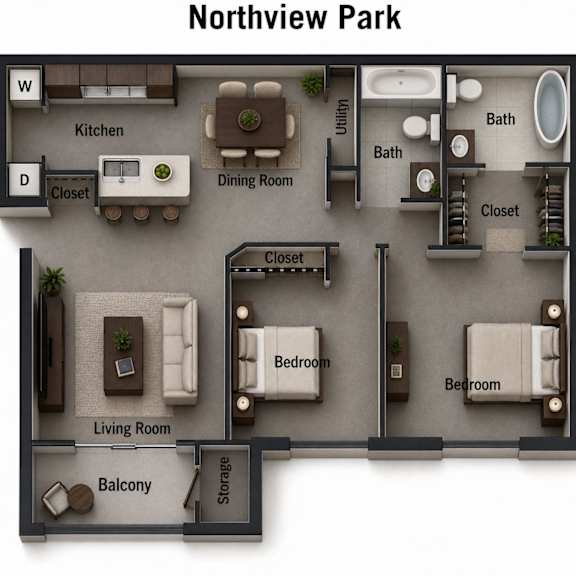 Two bedroom floor plan with dual bathrooms at Northview Park Apartments, Sterling Heights, Michigan