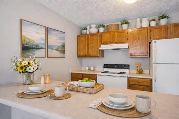 A kitchen with a white countertop and wooden cabinets.