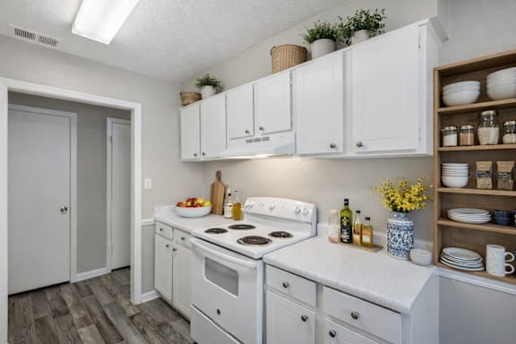 Kitchen with white cabinets at Linden Ridge Apartments, Stone Mountain, Georgia