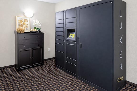 Package locker station with digital interface at The Ponds at Heritage Place Apartments, Sartell, MN