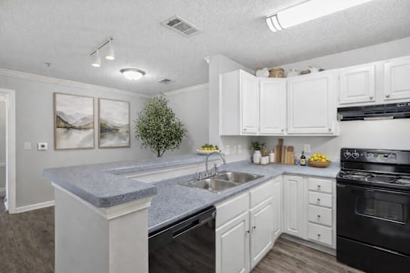 A kitchen with a granite countertop and white cabinets.