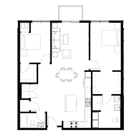A black and white floor plan of a house with a kitchen, living room, and bedrooms.