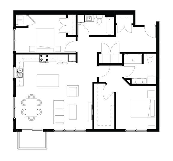 A black and white floor plan of a house with a dining area and a kitchen.