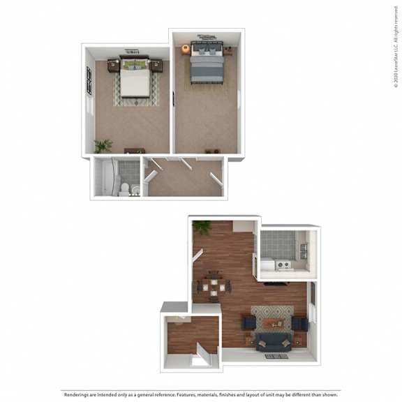 Floor Plan  3D floor plan with two bedrooms and living area at Carver Ridge Townhomes Apartments, Minnesota