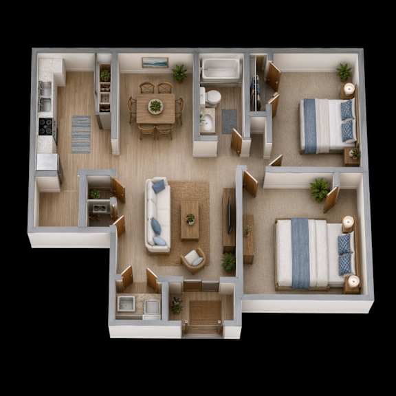Floor Plan  A 3D floor plan of a house with two bedrooms, a living room, a kitchen, and a bathroom.