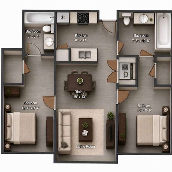 2 bedroom 2 bathroom floor plan layout at The Ellison Apartments, Utah