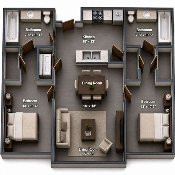 Two bedroom two bathroom floor plan layout at The Ellison Apartments, Utah, 84041