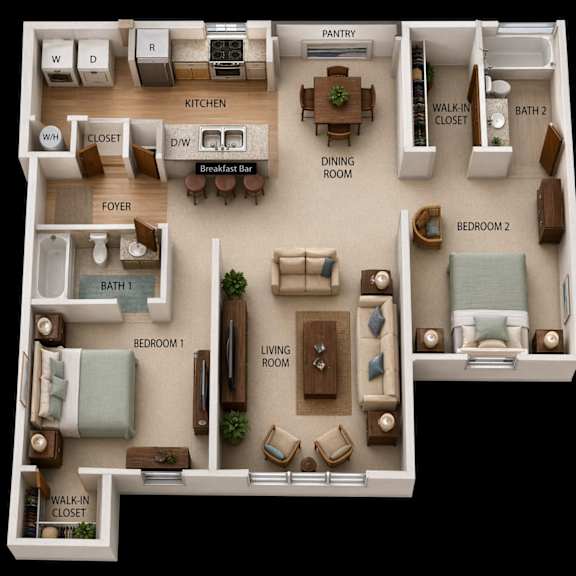 Floor Plan  A 3D floor plan of a house showing the layout of the rooms.