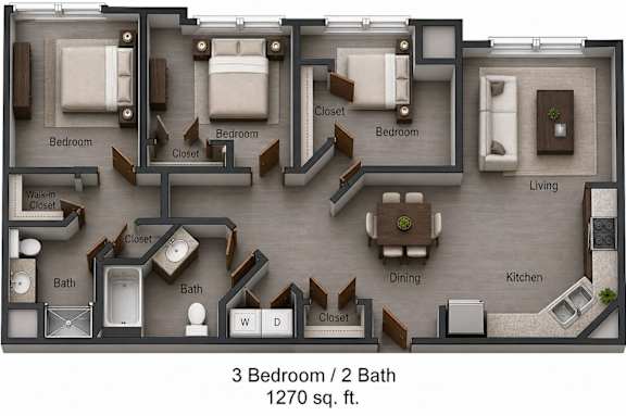 Floor Plan  A 3 bedroom apartment with 2 bathrooms and a living area.