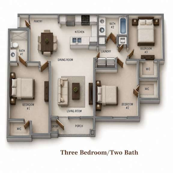 Floor Plan  A diagram of a three bedroom apartment with two bathrooms.