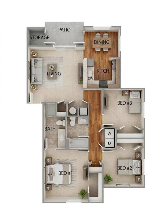 A floor plan of a house with two bedrooms, a living room, a kitchen, a bathroom, and a storage area.