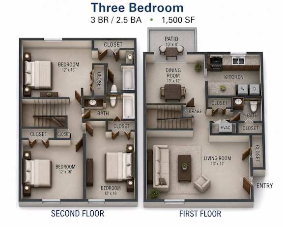 A diagram of a three bedroom apartment layout.