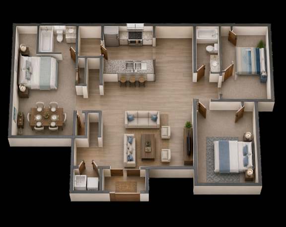 Floor Plan  A top-down view of a house layout with a living room, dining room, kitchen, and bedrooms.