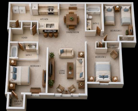Floor Plan  A 3D rendered image of a house layout with labeled rooms.