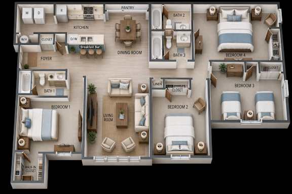 Floor Plan  A 3D rendered image of a house layout with labeled rooms.
