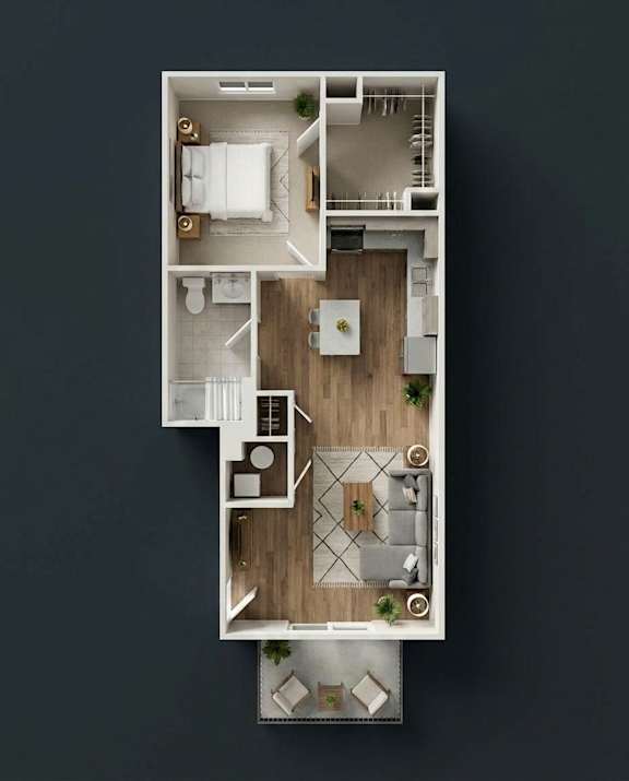 A top-down view of a modern apartment layout with a kitchen, living room, and bedrooms.