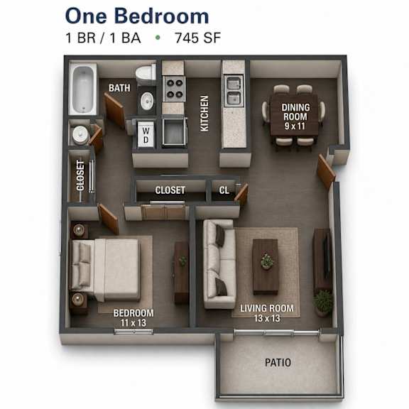 A diagram of a one bedroom apartment with a living room, bedroom, kitchen, and bathroom.