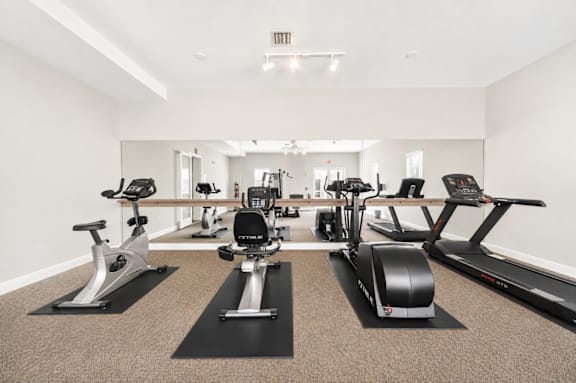 A gym with a row of treadmills, elliptical machines, and stationary bikes.