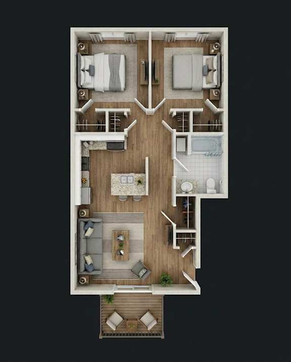Floor Plan  A top-down view of a house layout with a central living area, two bedrooms, a kitchen, and a bathroom.