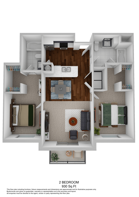 Two bedroom two bathroom 3D floor plan at The Beckstead Apartments, South Jordan, UT