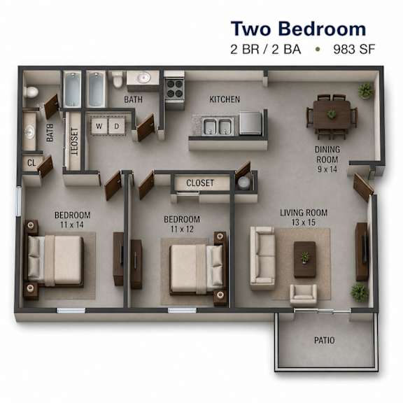 A 2 bedroom apartment floor plan with a living room, dining room, kitchen, bathroom, and two bedrooms.