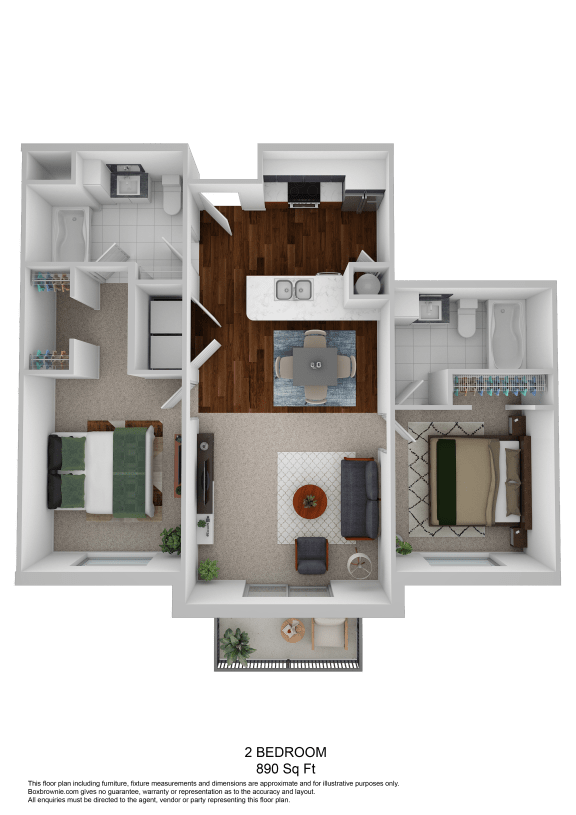 Two bedroom apartment 3D floor plan at The Beckstead Apartments, South Jordan, 84095