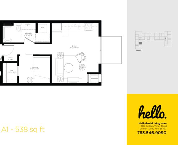 Floor Plan  A1 Floor Plan at Hello Apartments, Minneapolis, 55427
