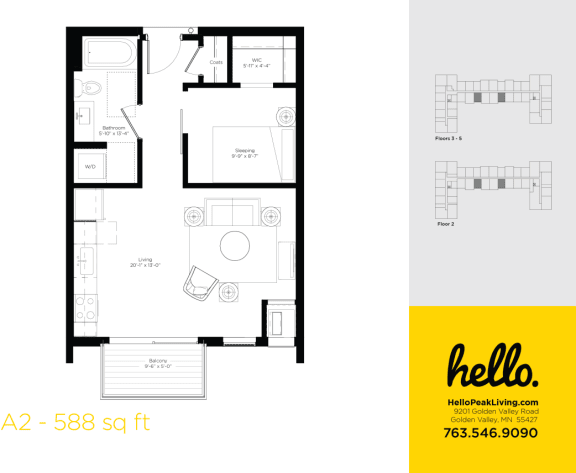 Floor Plan  A2 Floor Plan at Hello Apartments, Minneapolis, Minnesota