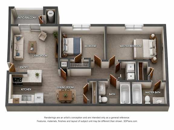 A 3D floor plan of a house with a living room, dining room, kitchen, and multiple bathrooms.