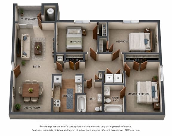 A 3D floor plan of a house with a dining room, kitchen, two bedrooms, a bathroom, and a patio.