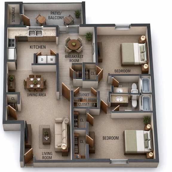 A 3D rendered image of a house layout with labeled rooms.