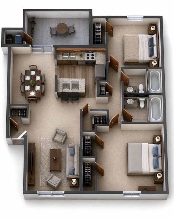 A top-down view of a house layout with a living room, dining room, kitchen, and bedrooms.
