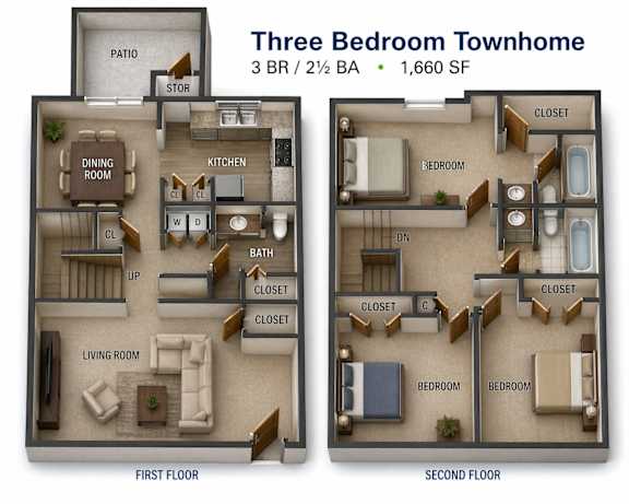 A diagram of a three bedroom townhome with two half bathrooms.